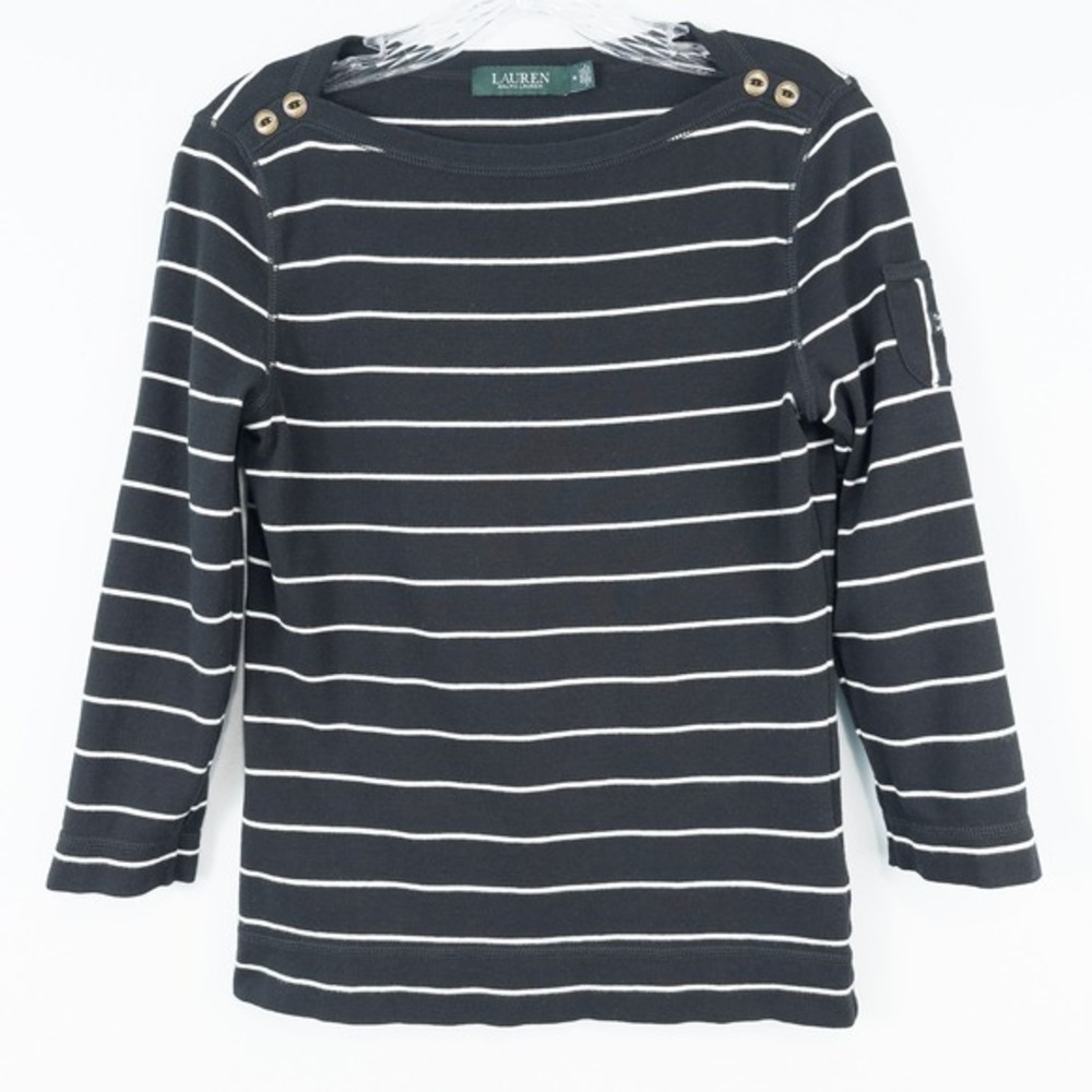 Lauren Ralph Lauren Striped‎ 3/4 Sleeve Top Medium Buttons Pocket Black White